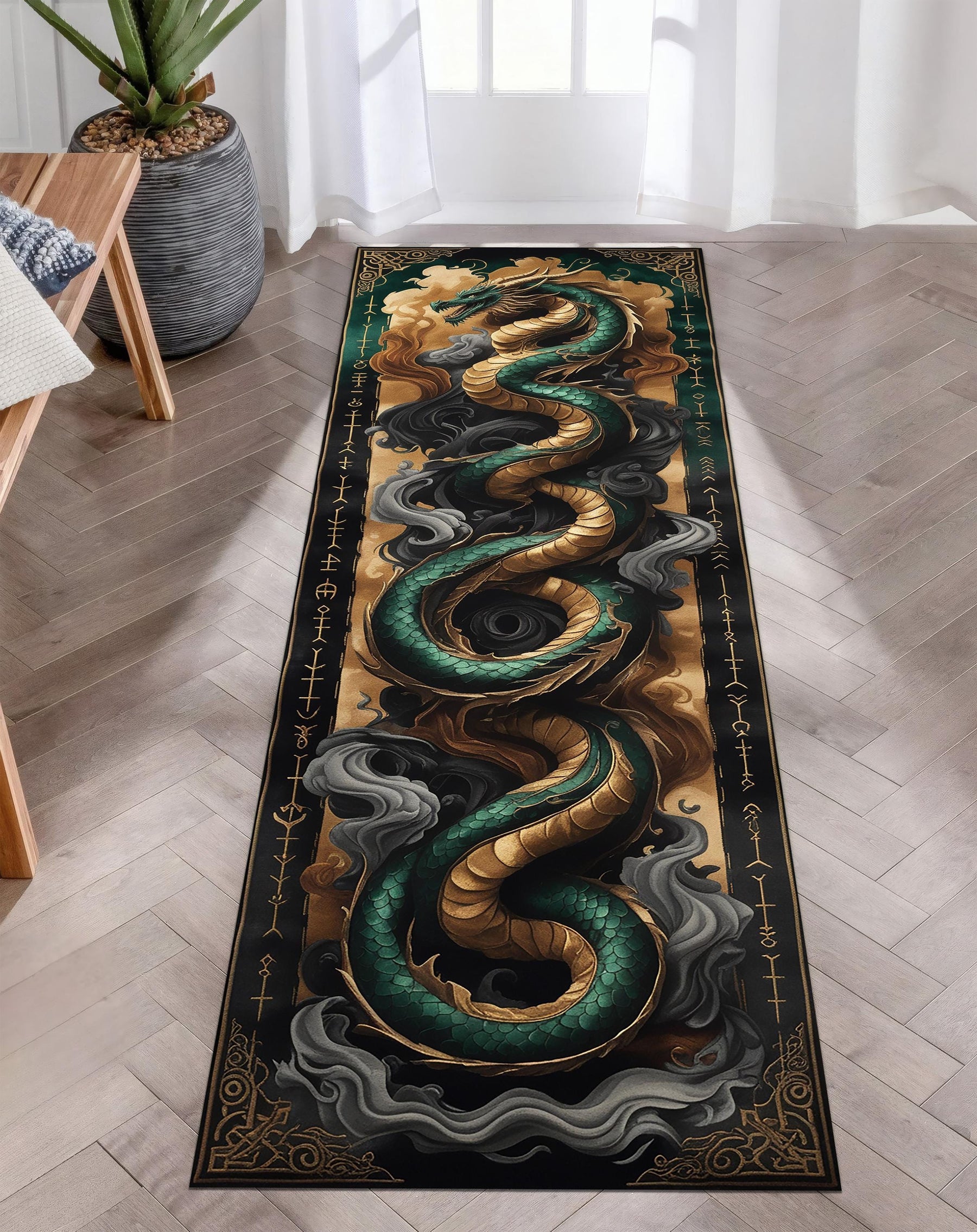Serpent Myth Runner Rug, Gothic Dragon Snake Hallway Rug, Fantasy Medieval Decor, Wizard Magic Carpet, Mystical Creature Long Area Rug