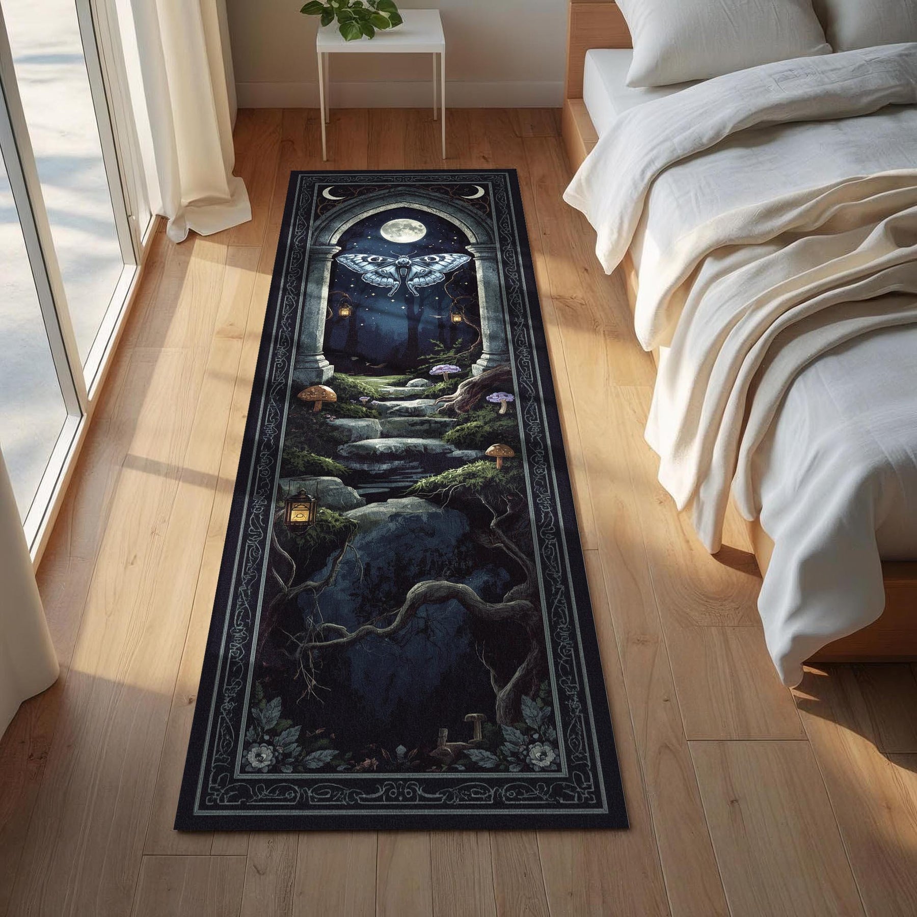 Lunar Moth Rug, Moonlit Arch Runner, Fantasy Night Insect Rug, Witchcore Tapestry Hallway Mat, Gothic Moth Decor Rug, Gothic Room Runner Rug