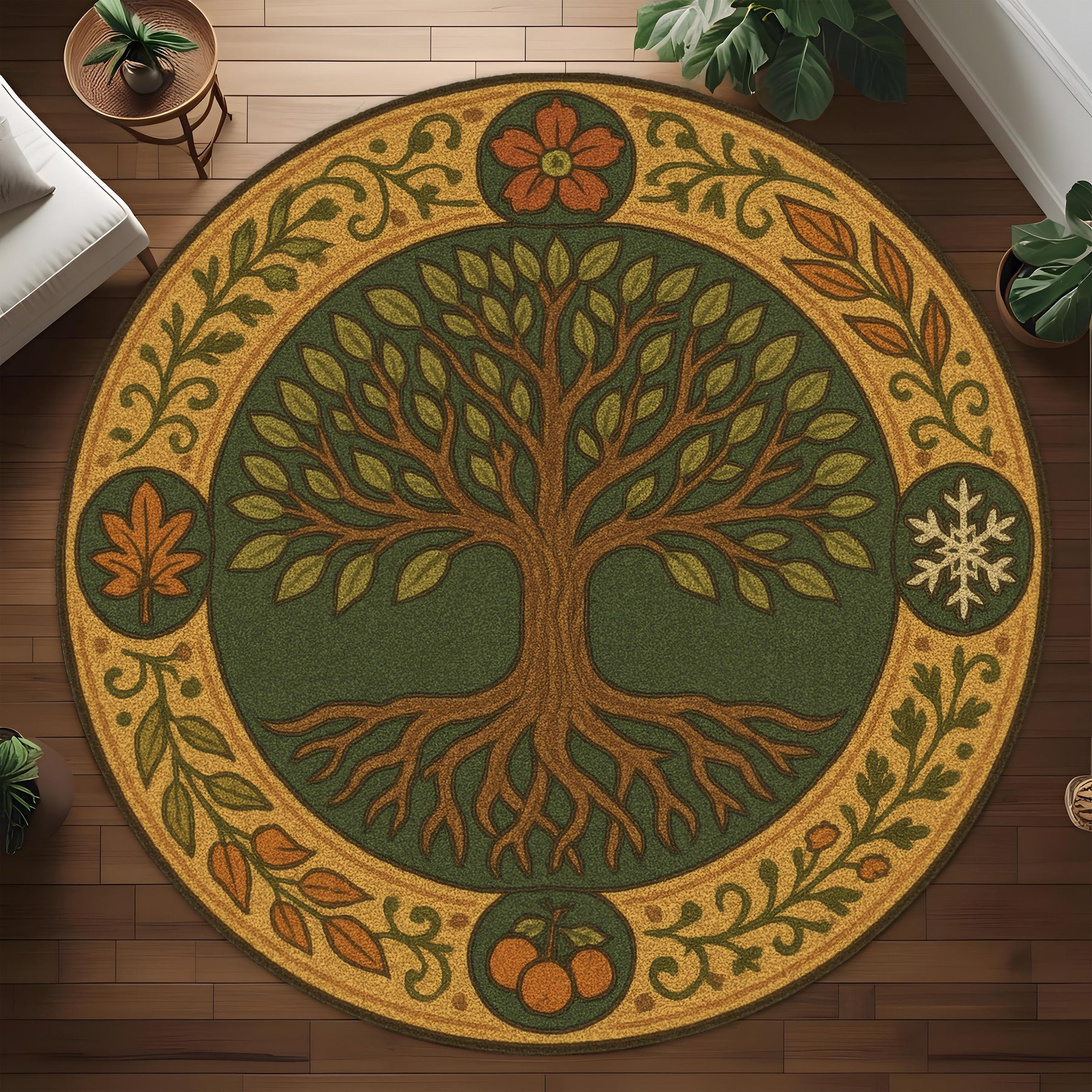 Tree of Life Round Rug: Four Seasons Nature Carpet with Roots and Leaves for Earthy, Botanical or Medieval Inspired Interiors