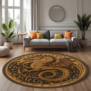 Golden Dragon Round Rug: Medieval Fantasy Carpet with Ancient Script and Mythical Beast for Living Room or Gothic Themed Decor