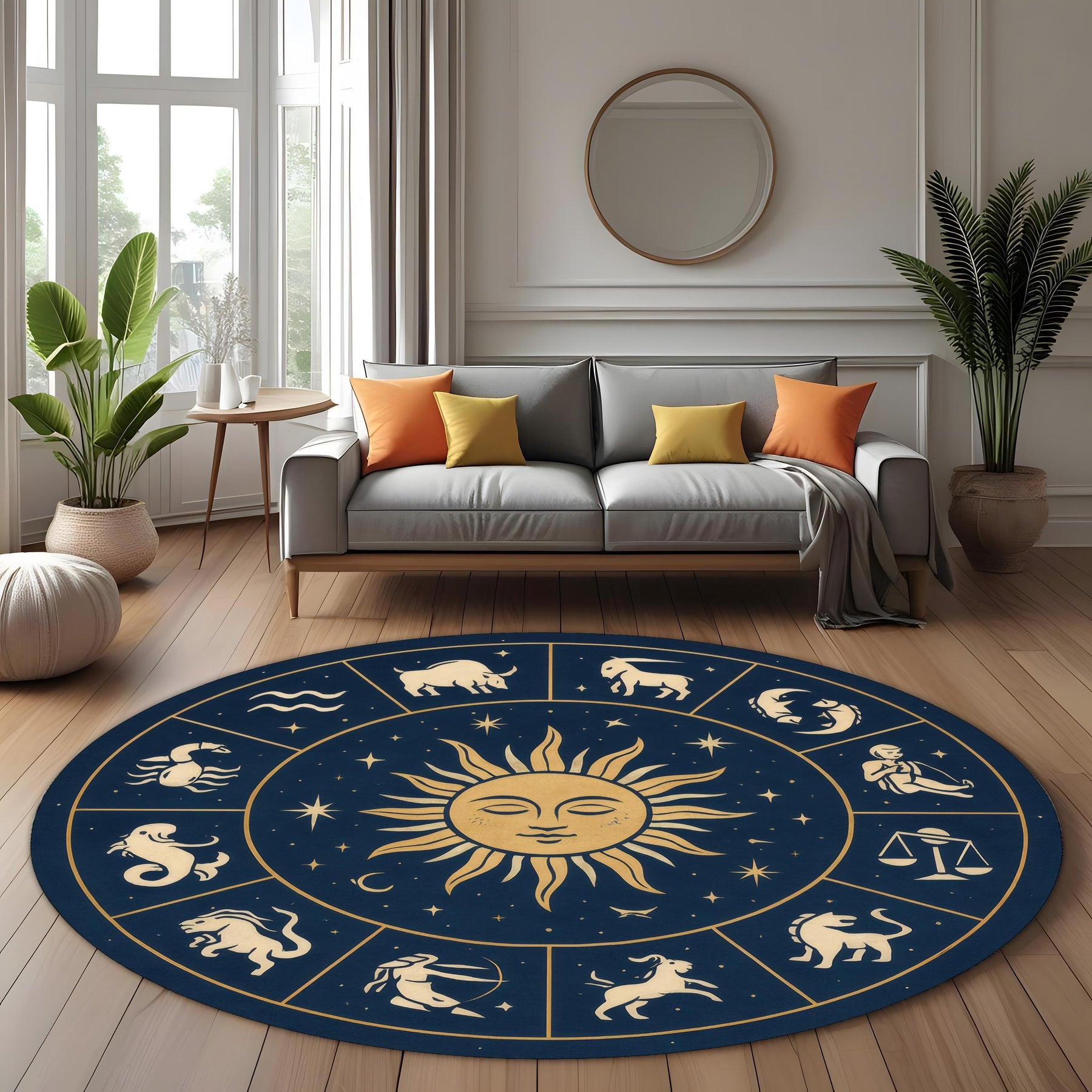 Zodiac Circle Rug: Round Astrological Carpet With 12 Horoscope Signs And Golden Sun Face, Celestial Floor Decor For Mystic And Boho Spaces