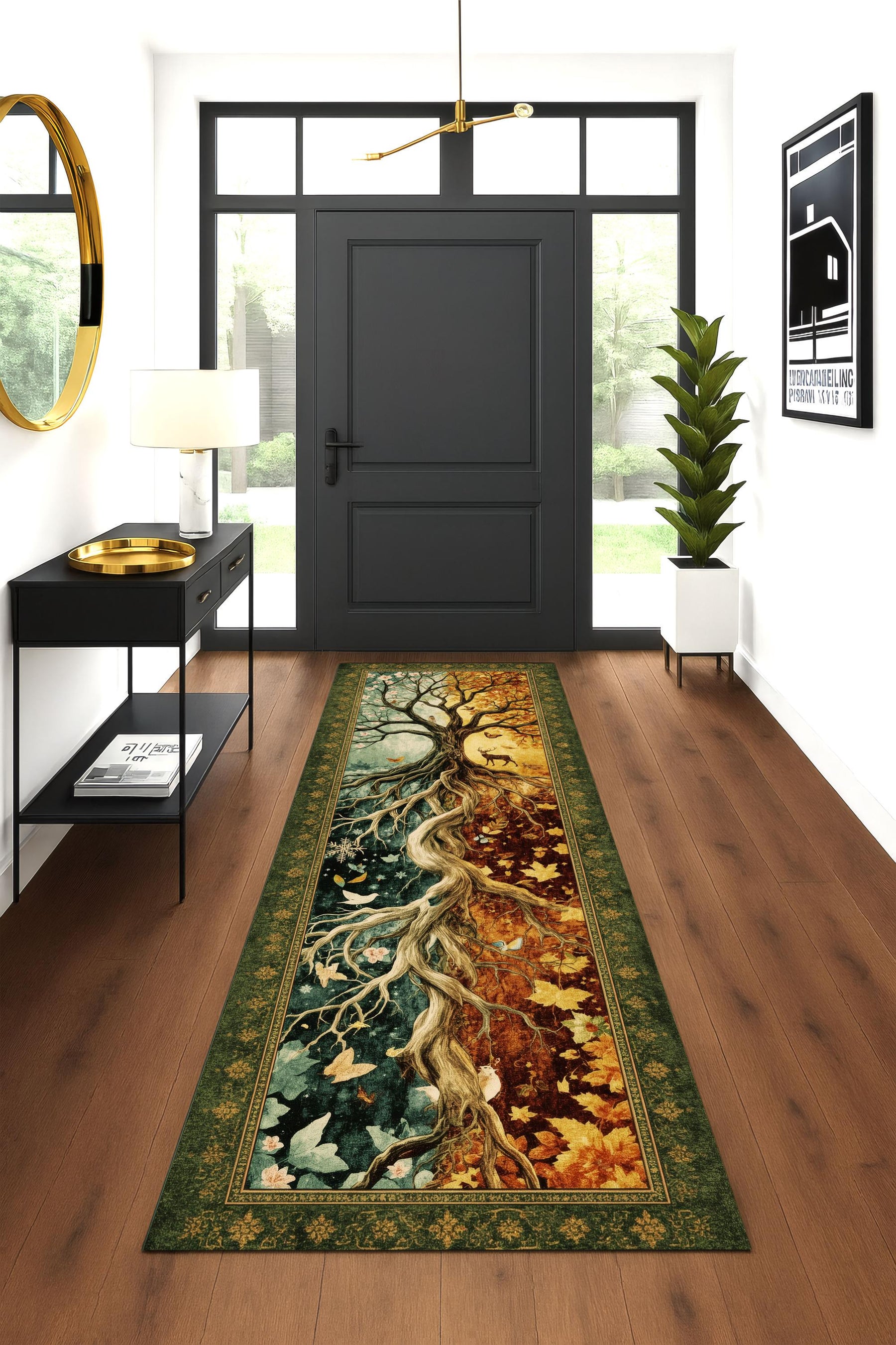 Tree of Seasons Runner Rug, Fantasy Tapestry Rug, Four Seasons Nature Decor, Enchanted Forest Hallway Rug, Botanical Wheel Rug