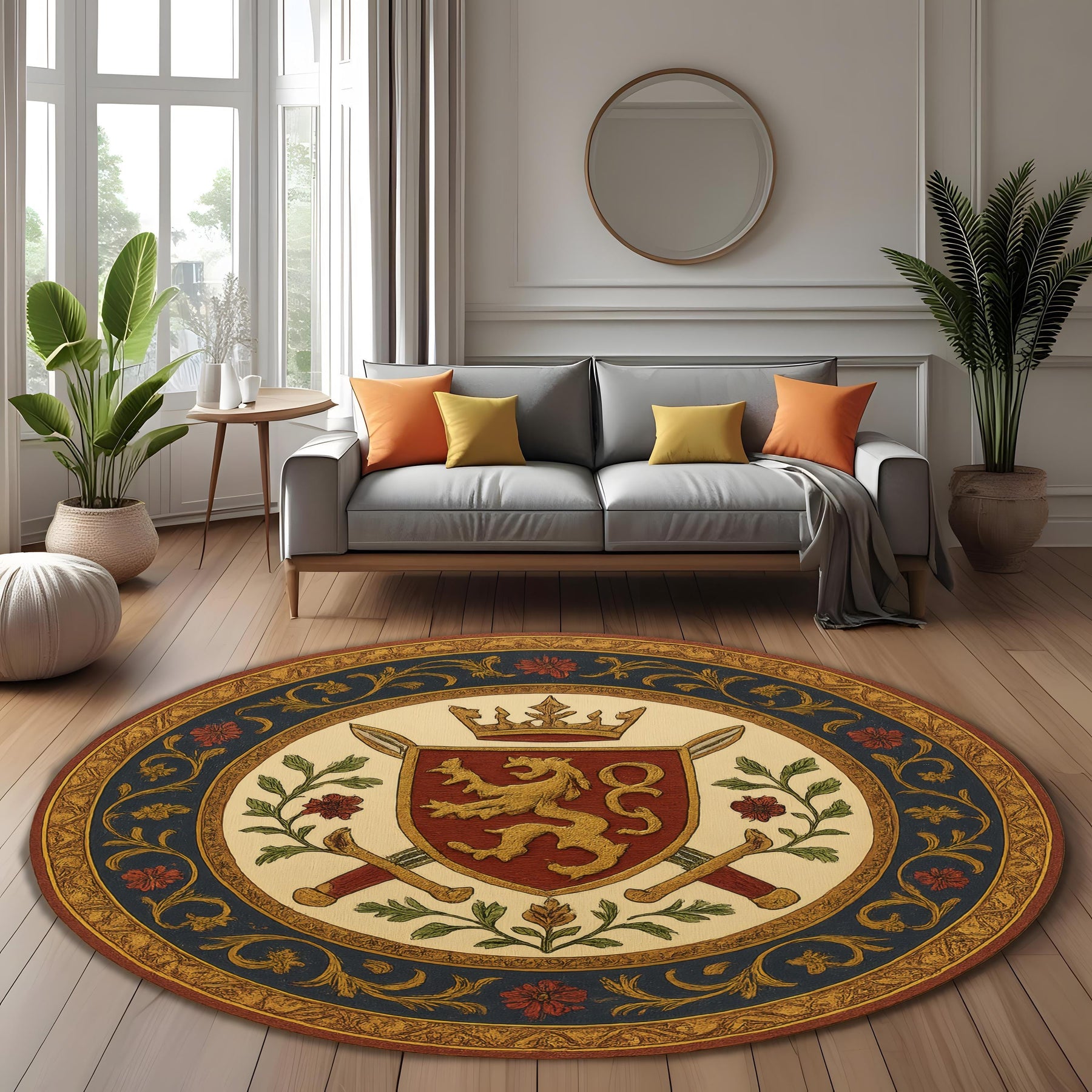Royal Crest Round Rug: Medieval Heraldic Carpet with Lion Shield, Swords and Crowns for Castle Inspired or Noble Interior Decor