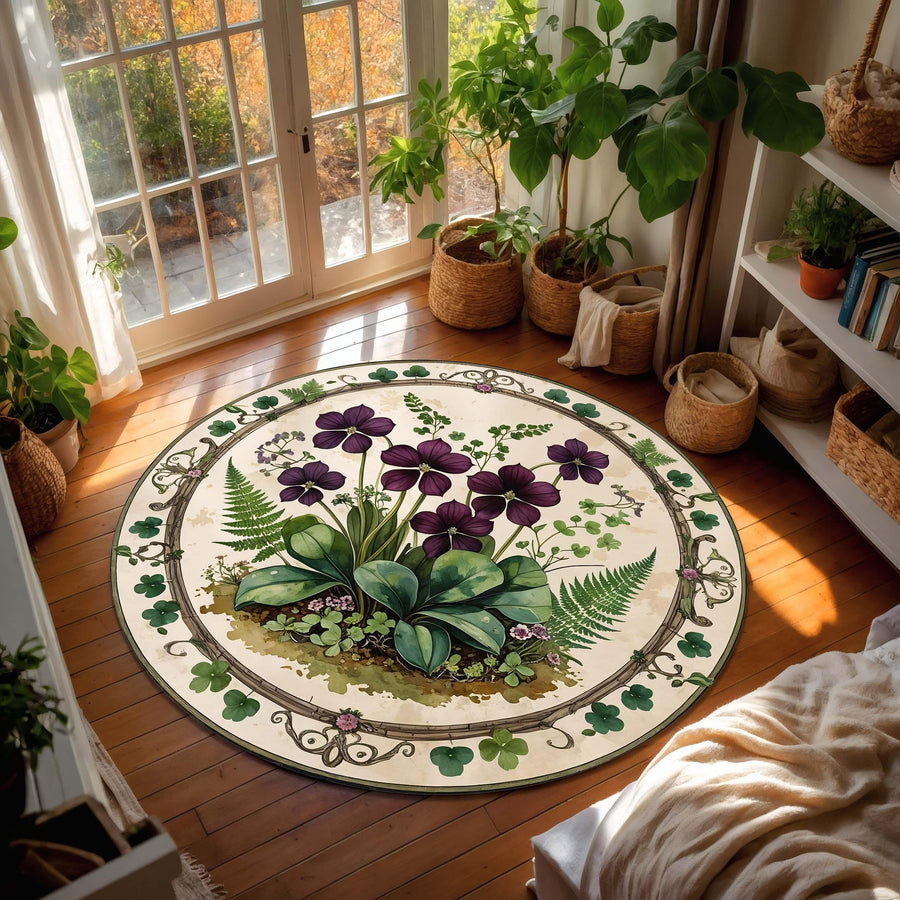 Oxalis Botanical Round Rug, Clover and Purple Shamrock Carpet for Plant Lovers, Cottagecore Botanical Decor for Reading Nook or Sunroom