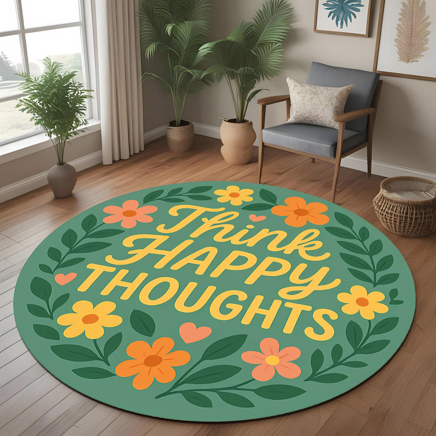 Think Happy Thoughts Round Rug: Positive Affirmation Quote Rug with Florals for Cozy Decor, Gift or Mindful Living Spaces