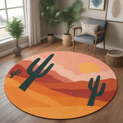 Desert Landscape Rug: Round Boho Carpet With Cactus And Sunset Abstract Design, Modern Southwestern Decor For Cozy Artistic Interiors