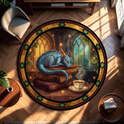 Baby Dragon Reading Rug, Cozy Fantasy Round Carpet with Books and Tea, Vitray-Style Library Decor, Book Lover Gift for Readers and Writers