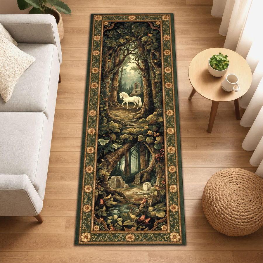 Unicorn Forest Runner Rug, Fantasy Tapestry Rug, Mystical Woodland Decor, Medieval Style Hallway Rug, Enchanted Unicorn Carpet, Washable Rug