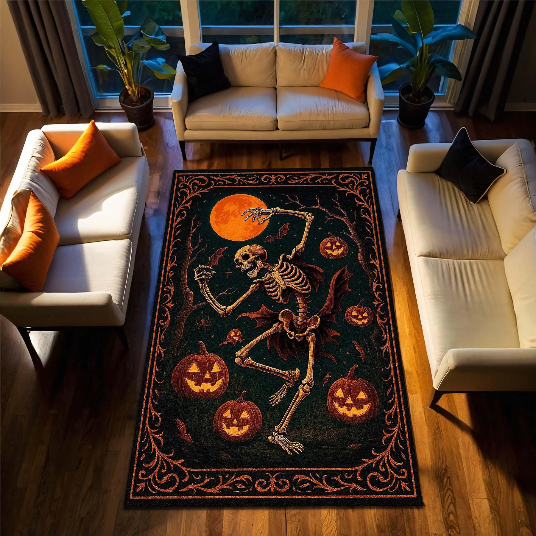 Dancing Skeleton Halloween Rug, Spooky Pumpkin Carpet with Full Moon and Bats, Vintage Halloween Decor for Living Room or Entryway