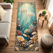 Underwater Jellyfish Runner Rug, Elegant Ocean Carpet with Coral Reef and Flowers, Fantasy Marine Floor Decor for Coastal or Cottage Homes