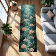 Water Lily Runner Rug, Peaceful Zen Floral Hallway Carpet, Lotus Pond Path Rug, Spa Inspired Tranquil Blue Floor Mat, Floral Hallway Runner
