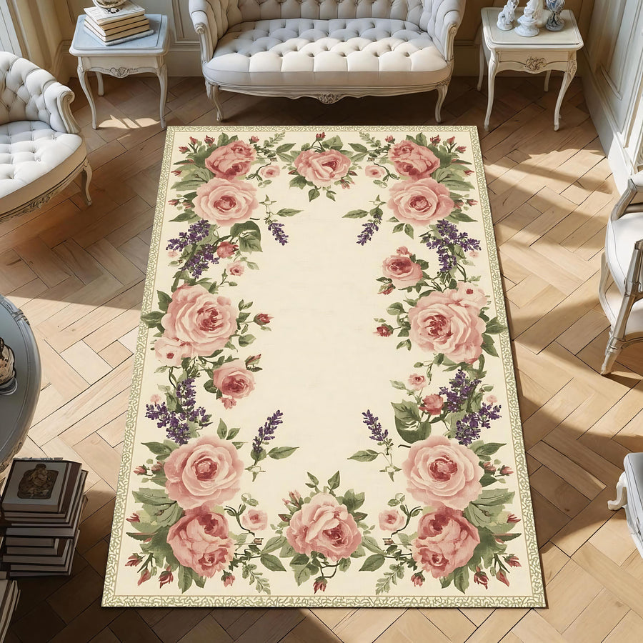 Châteaucore French Floral Rug, Cottagecore Rose Carpet for Living Room