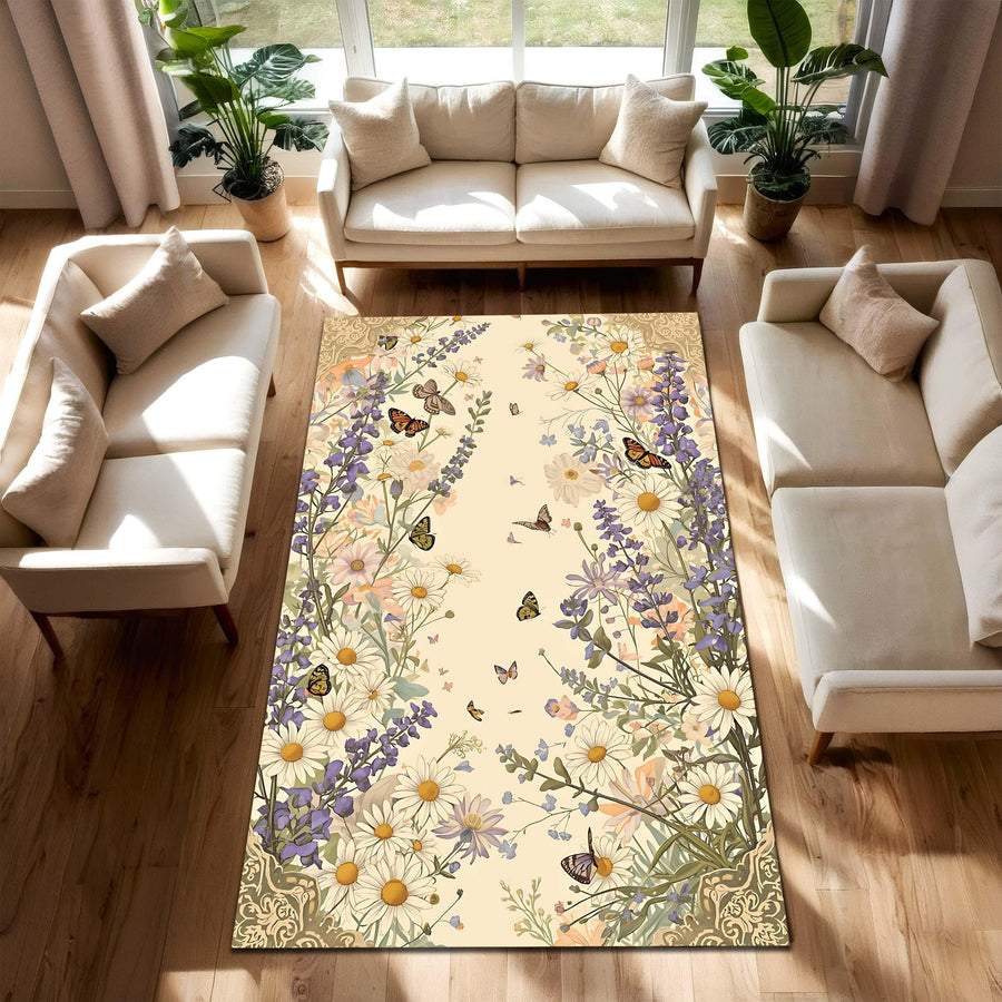Cottagecore Wildflower Meadow Rug with Butterflies, Vintage Botanical Floral Area Carpet in Pastel Cream for Living Room and Bedroom Decor