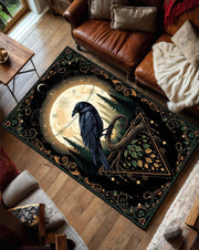 Gothic Raven Rug, Mystical Forest Carpet with Moon and Crow, Dark Aesthetic Rug for Living Room, Witchy Decor Gothic Crowcore Art Area Rug