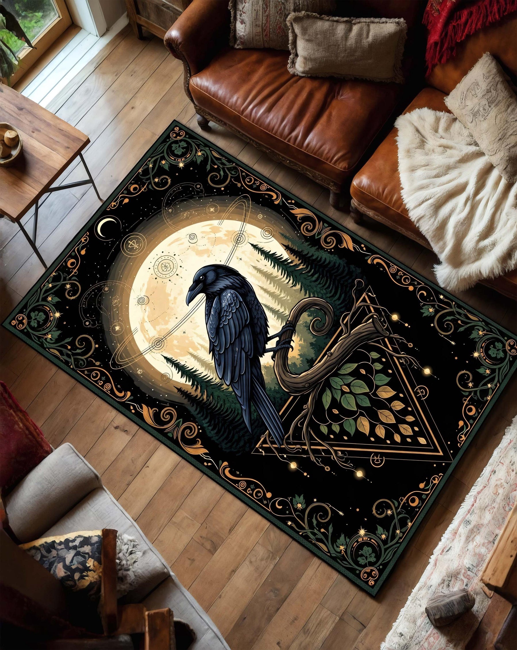 Gothic Raven Rug, Mystical Forest Carpet with Moon and Crow, Dark Aesthetic Rug for Living Room, Witchy Decor Gothic Crowcore Art Area Rug