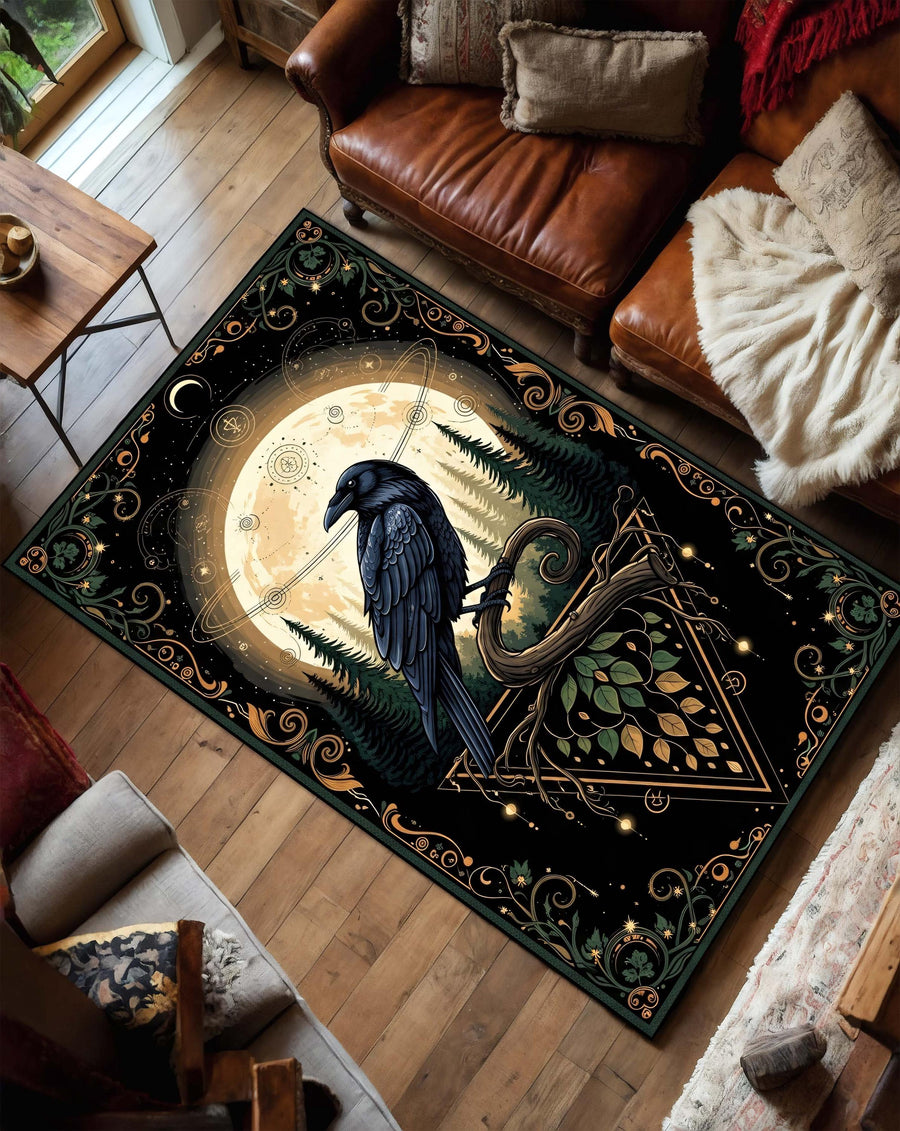 Gothic Raven Rug, Mystical Forest Carpet with Moon and Crow, Dark Aesthetic Rug for Living Room, Witchy Decor Gothic Crowcore Art Area Rug