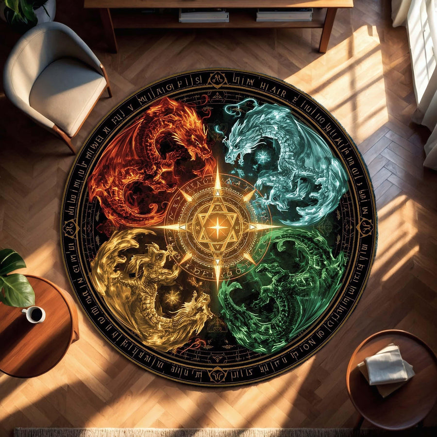 Round Elemental Dragon Rug With Fire Water Earth Air Symbols, Fantasy Magic Circle Carpet For Gamers Wizards Book Lovers And Mystic Decor