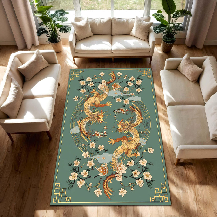 Oriental Dragon and Cherry Blossom Rug – Asian Mythology Inspired Art Carpet with Gold Dragon Design for Living Room or Bedroom