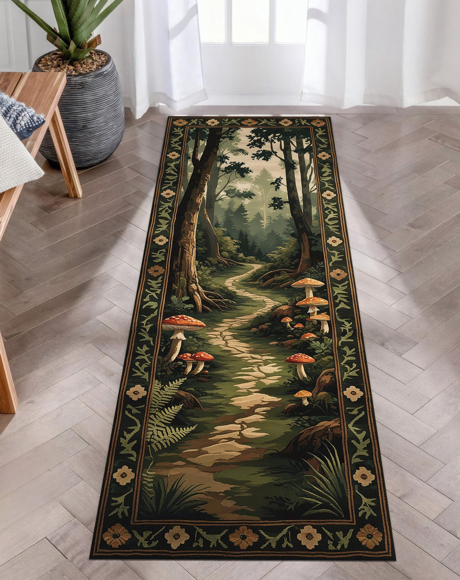 Mushroom Forest Runner Rug, Cottagecore Woodland Path Carpet, Whimsical Nature Hallway Rug, Fairycore Forest Decor, Soft Washable Rug
