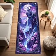 Moonlight Dragon Runner Rug, Fantasy Waterfall Carpet with Purple Crystals and Flowers, Mystical Hallway Decor for Fairycore or Gothic Homes