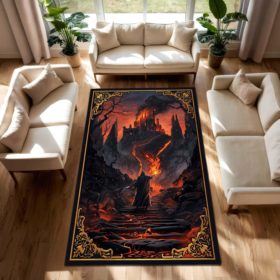 Dark Fantasy Burning Castle Area Rug, Lava Path Wizard Art Carpet for Living Room Bedroom Gamer Space & DnD Decor, Non Slip Soft Gift Rug