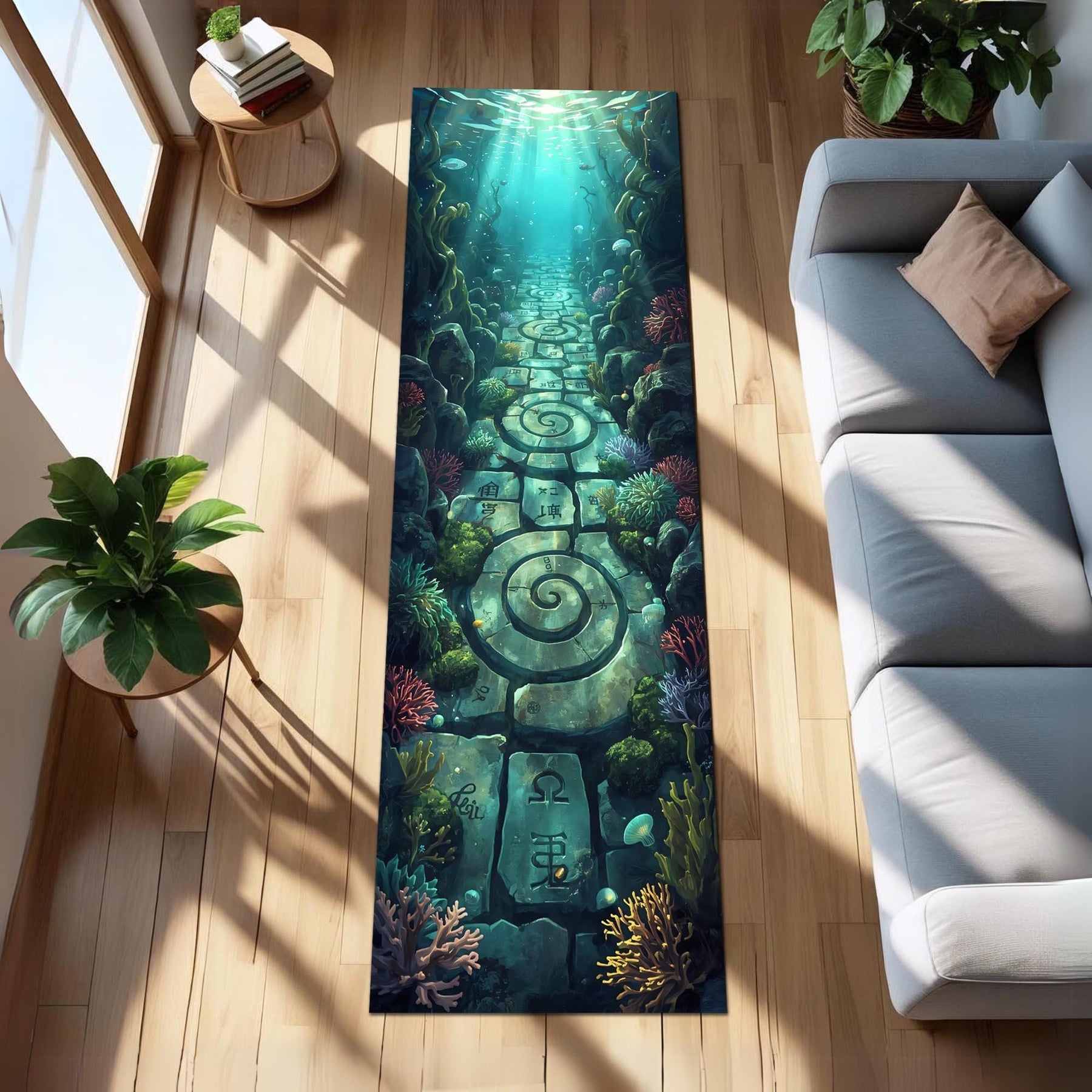 Underwater Spiral Path Runner Rug, Ocean Temple Hallway Carpet, Deep Sea Fantasy Floor Decor