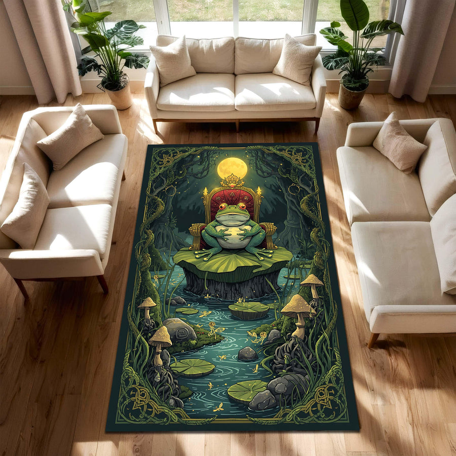 Frog King Wizard Area Rug, Enchanted Woodland Pond Carpet, Cottagecore Fairy Tale Decor, Moonlit Lily Pad Fantasy Floor Mat for Living Room