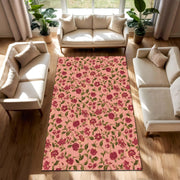 Pink Floral Area Rug with Burgundy Blossoms, Botanical Pattern Carpet for Living Room or Bedroom, Boho Cottagecore Home Decor Accent Mat