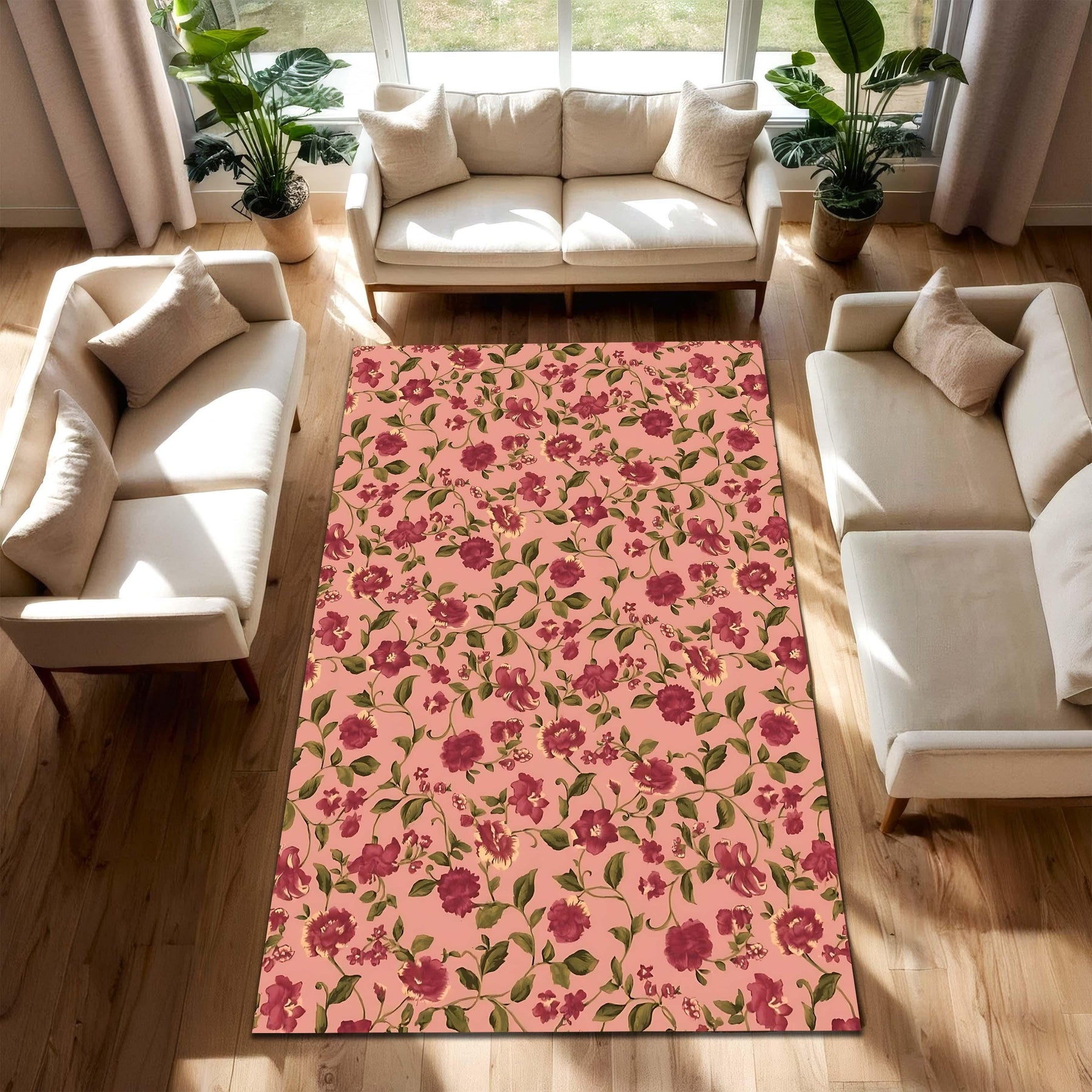 Pink Floral Area Rug with Burgundy Blossoms, Botanical Pattern Carpet for Living Room or Bedroom, Boho Cottagecore Home Decor Accent Mat