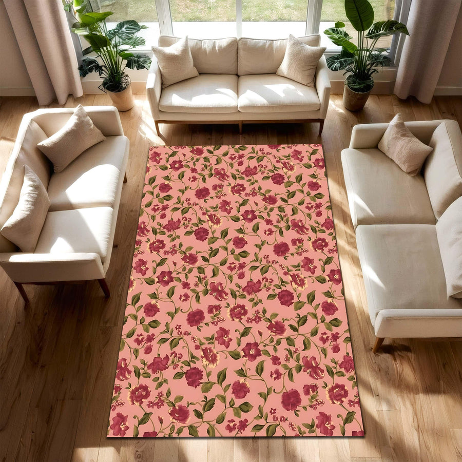 Pink Floral Area Rug with Burgundy Blossoms, Botanical Pattern Carpet for Living Room or Bedroom, Boho Cottagecore Home Decor Accent Mat