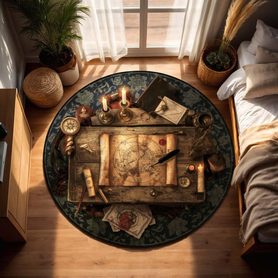Vintage Explorer Map Rug, Round Adventure Carpet with Candles, Quill & Treasure Scrolls, Steampunk and Historical Decor for Study Rooms