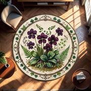 Oxalis Botanical Round Rug, Clover and Purple Shamrock Carpet for Plant Lovers, Cottagecore Botanical Decor for Reading Nook or Sunroom
