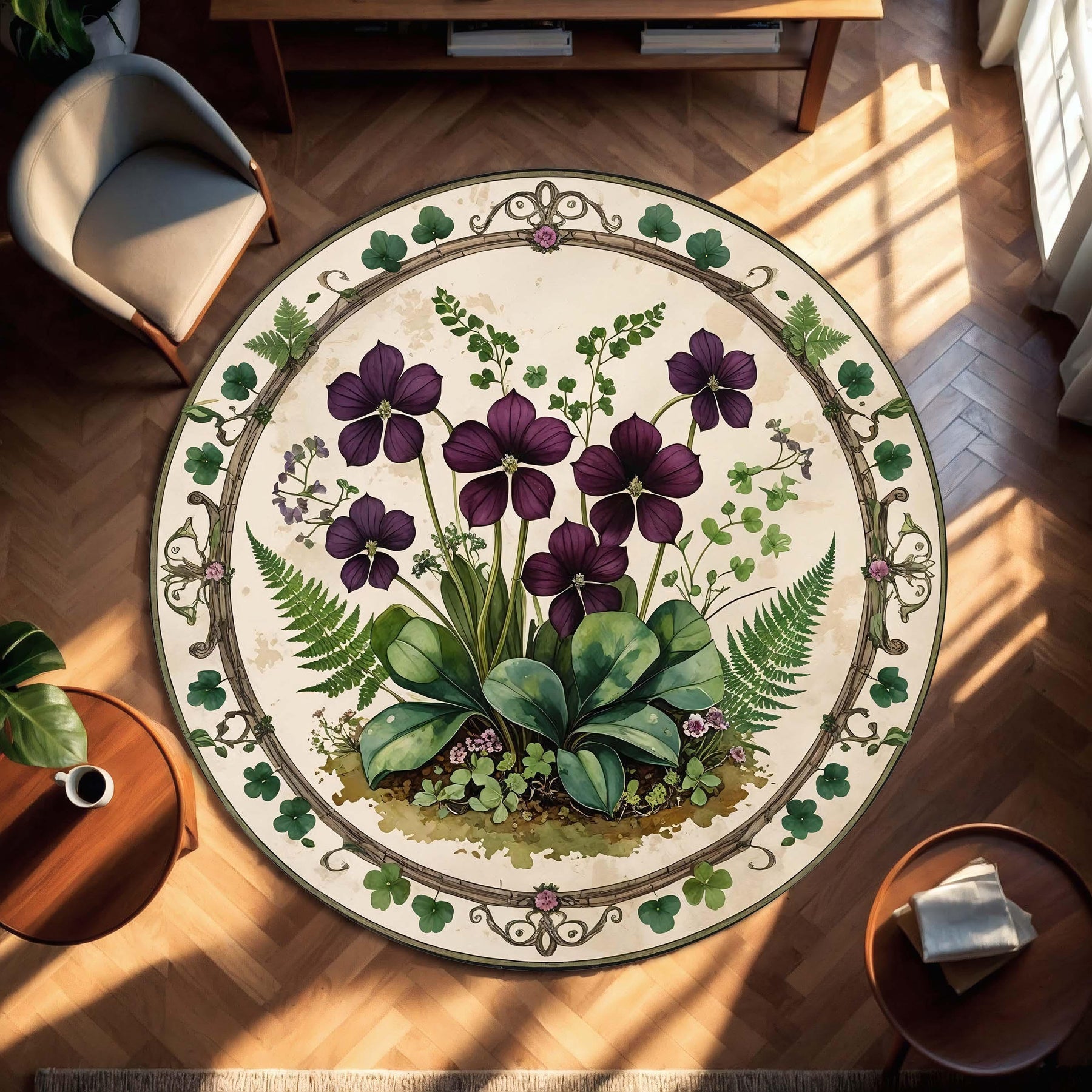 Oxalis Botanical Round Rug, Clover and Purple Shamrock Carpet for Plant Lovers, Cottagecore Botanical Decor for Reading Nook or Sunroom