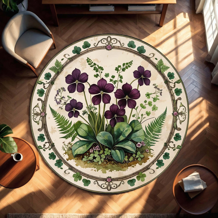Oxalis Botanical Round Rug, Clover and Purple Shamrock Carpet for Plant Lovers, Cottagecore Botanical Decor for Reading Nook or Sunroom
