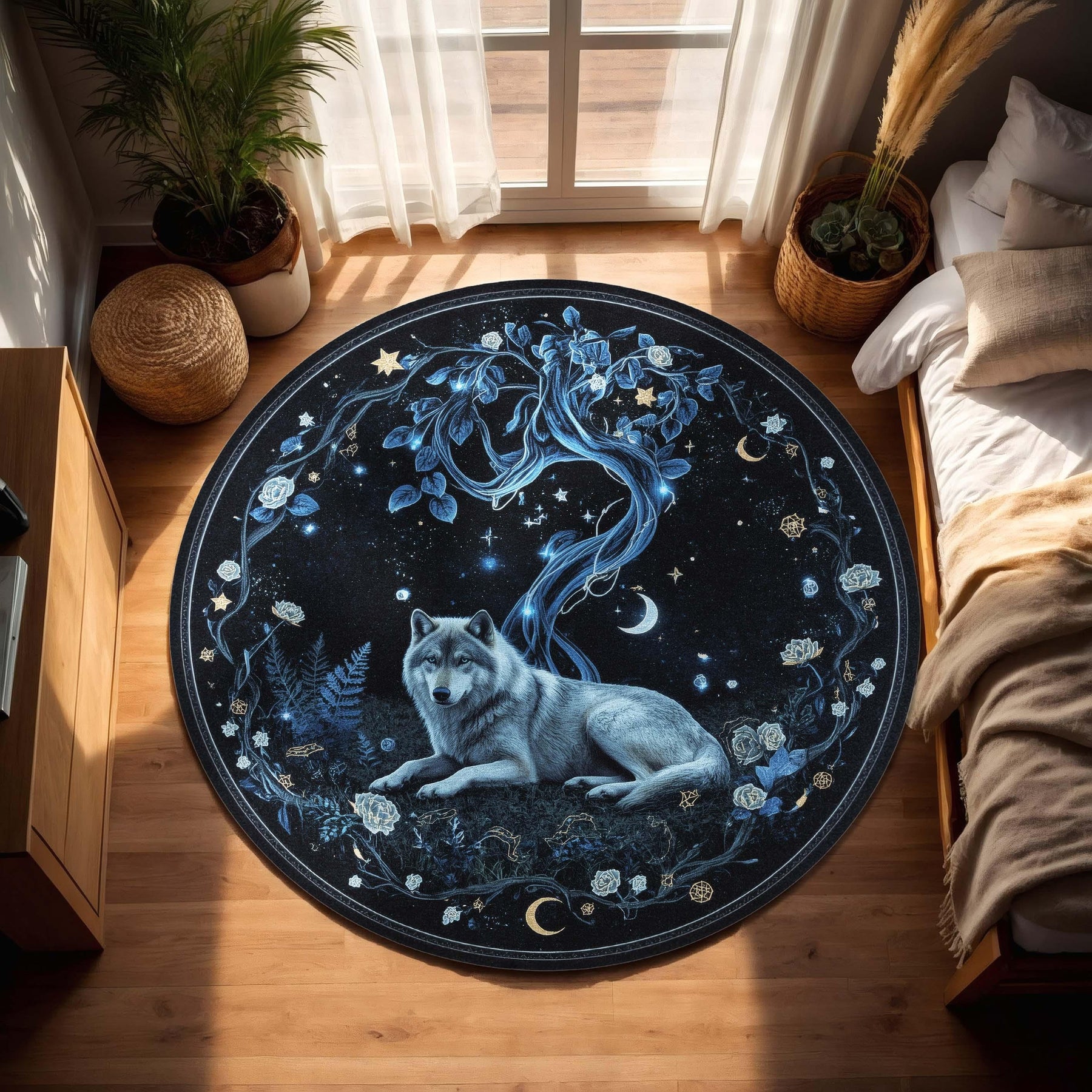 Celestial Wolf Round Rug | Moonlit Forest Carpet with Starry Tree & Night Sky | Mystical Animal Decor for Dreamy Interiors | Silver Wolf Rug