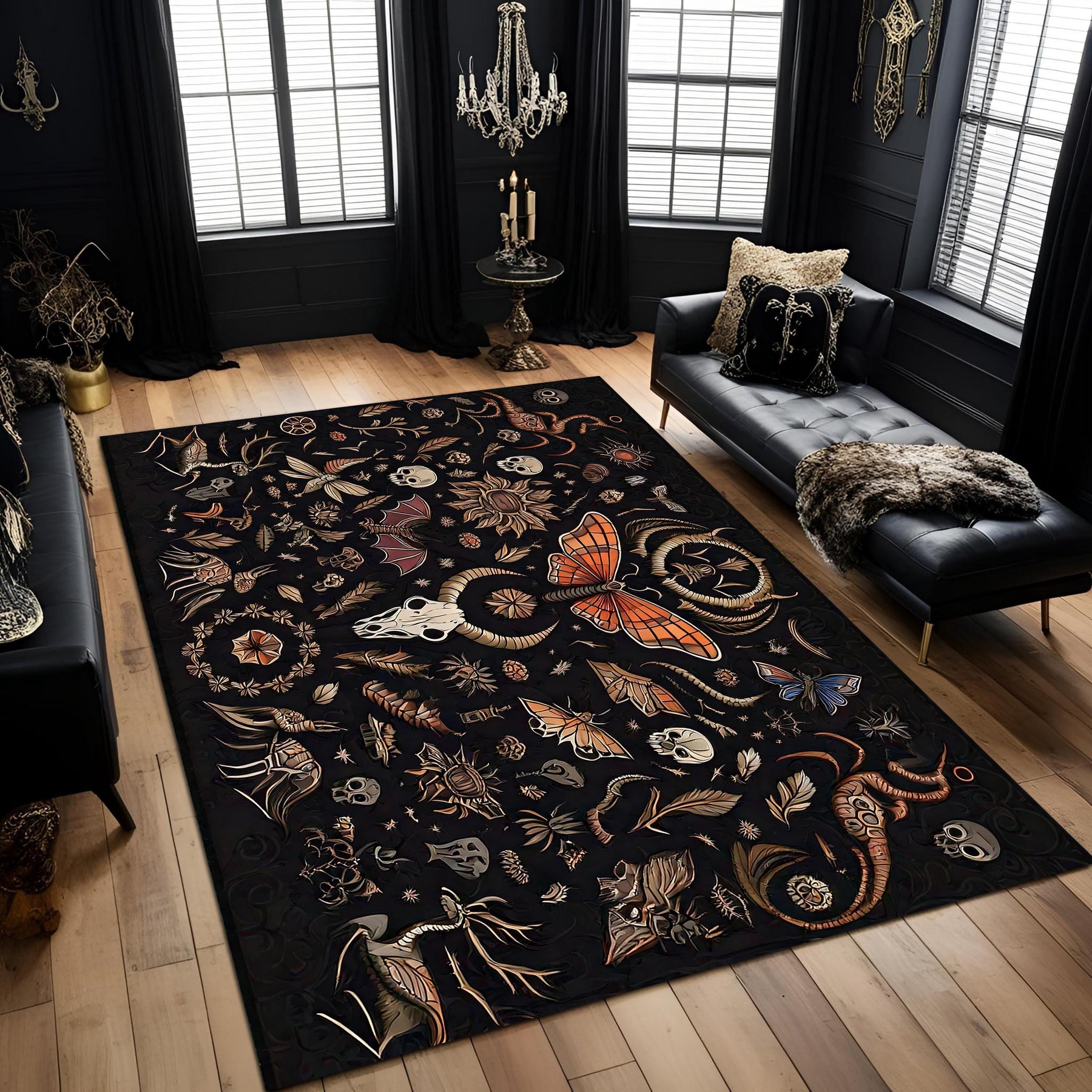 Gothic Skull and Moth Rug: Witchy Dark Forest Decor