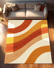Retro Wavy Orange Area Rug | Mid Century Modern Warm Color Carpet | Groovy Pattern Washable Rug for Living Room or Bedroom Decor
