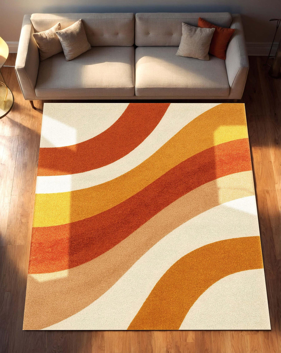 Retro Wavy Orange Area Rug | Mid Century Modern Warm Color Carpet | Groovy Pattern Washable Rug for Living Room or Bedroom Decor