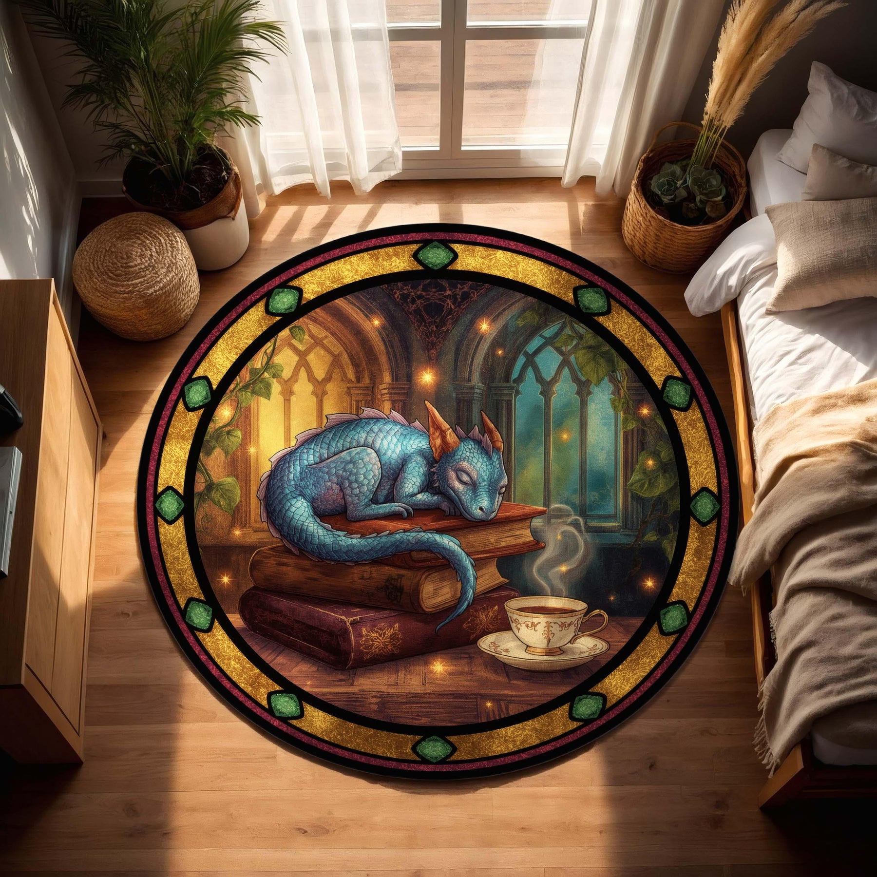 Baby Dragon Reading Rug, Cozy Fantasy Round Carpet with Books and Tea, Vitray-Style Library Decor, Book Lover Gift for Readers and Writers