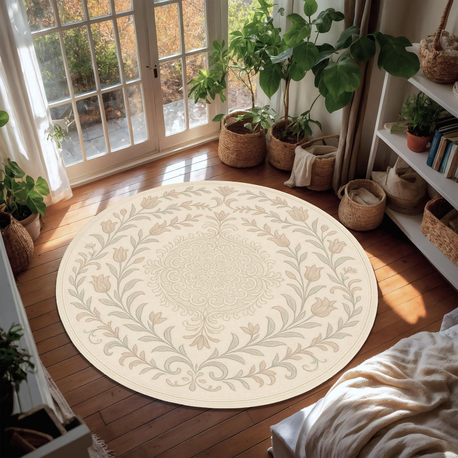 Round Beige French Cottagecore Botanical Rug, Tulip Floral Circle Carpet, French Country Round Area Rug, Soft Neutral Boho Floor Mat