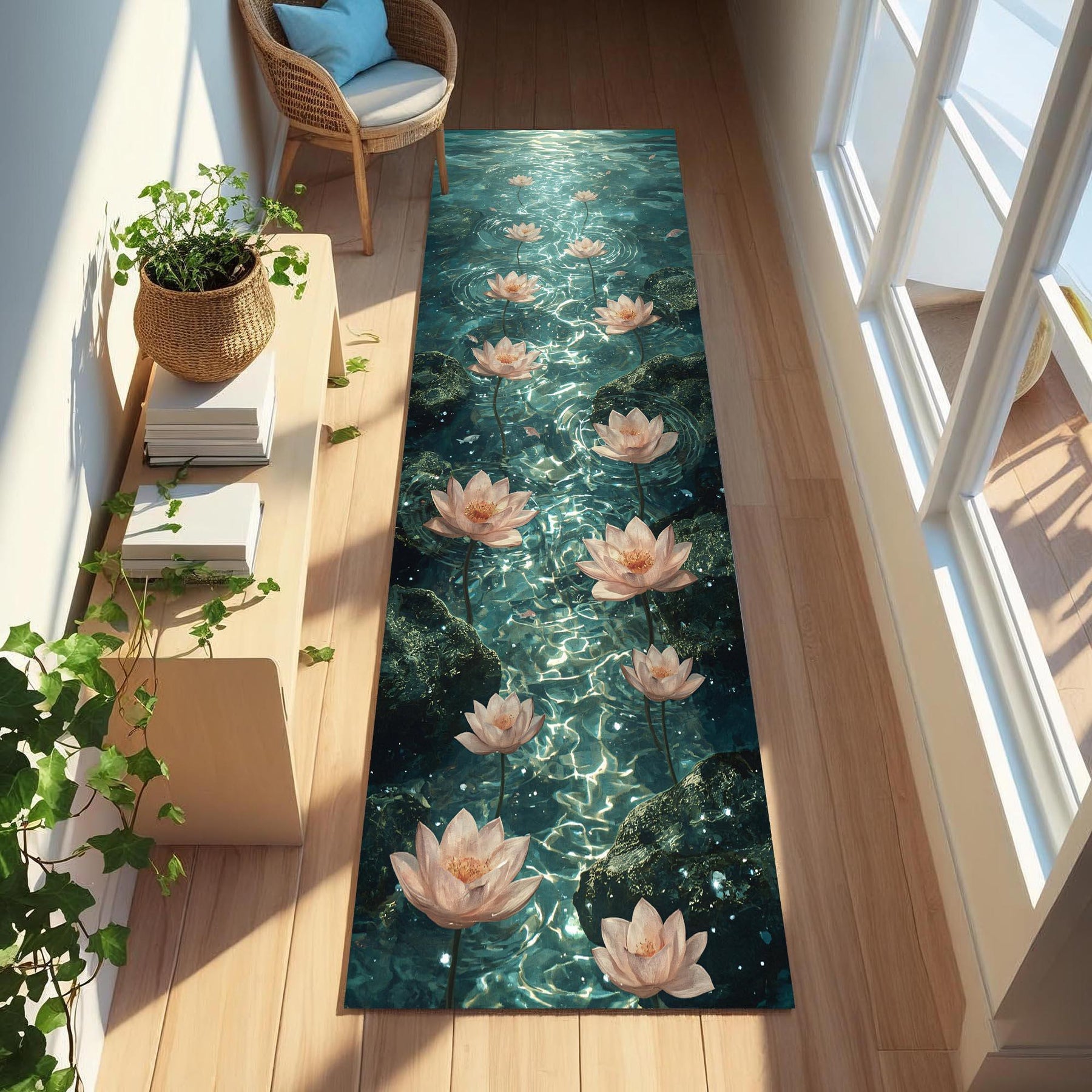 Water Lily Runner Rug, Peaceful Zen Floral Hallway Carpet, Lotus Pond Path Rug, Spa Inspired Tranquil Blue Floor Mat, Floral Hallway Runner