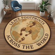 Round Travel Map Carpet with Footprint Design for Global Souls and Wanderlust Decor