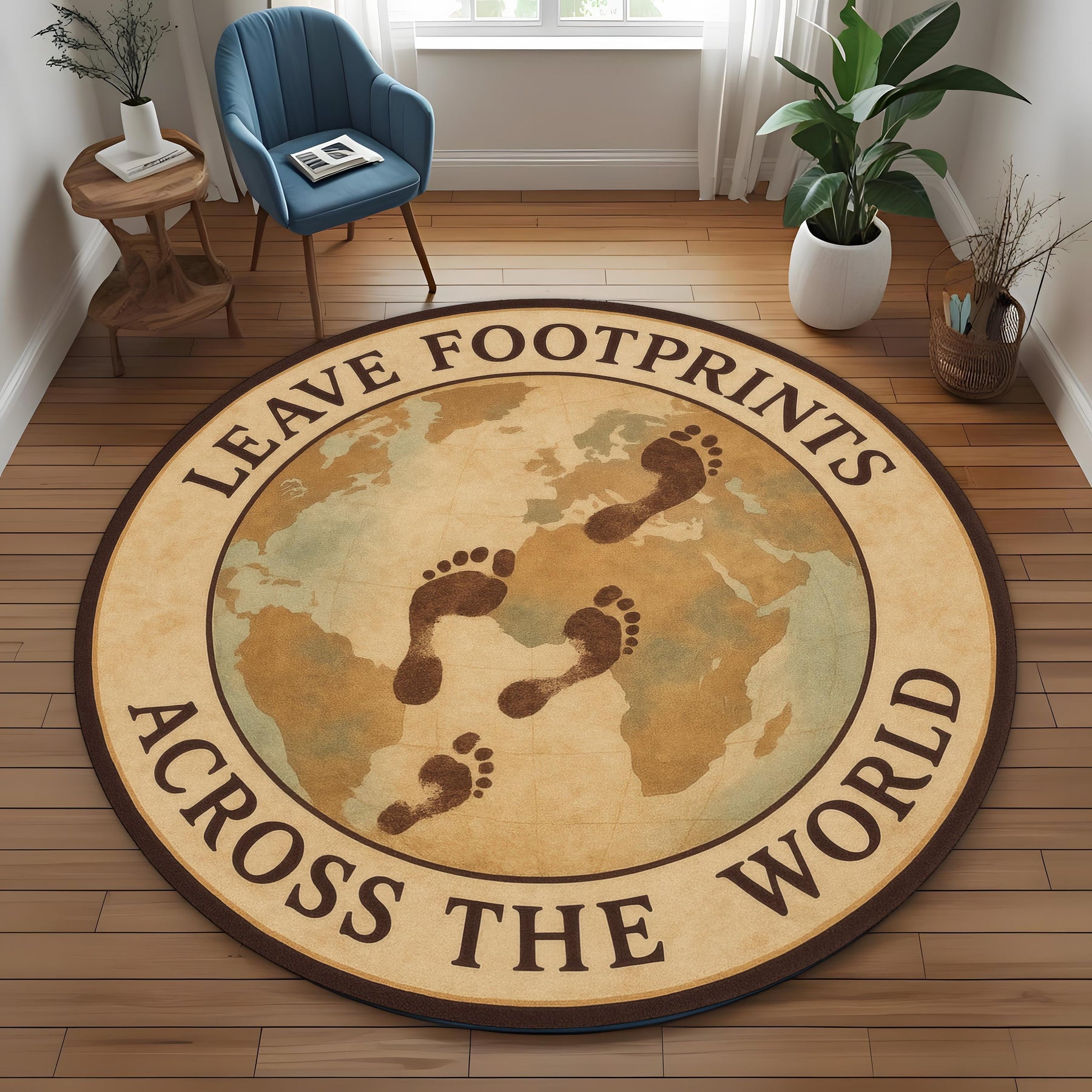 Round Travel Map Carpet with Footprint Design for Global Souls and Wanderlust Decor