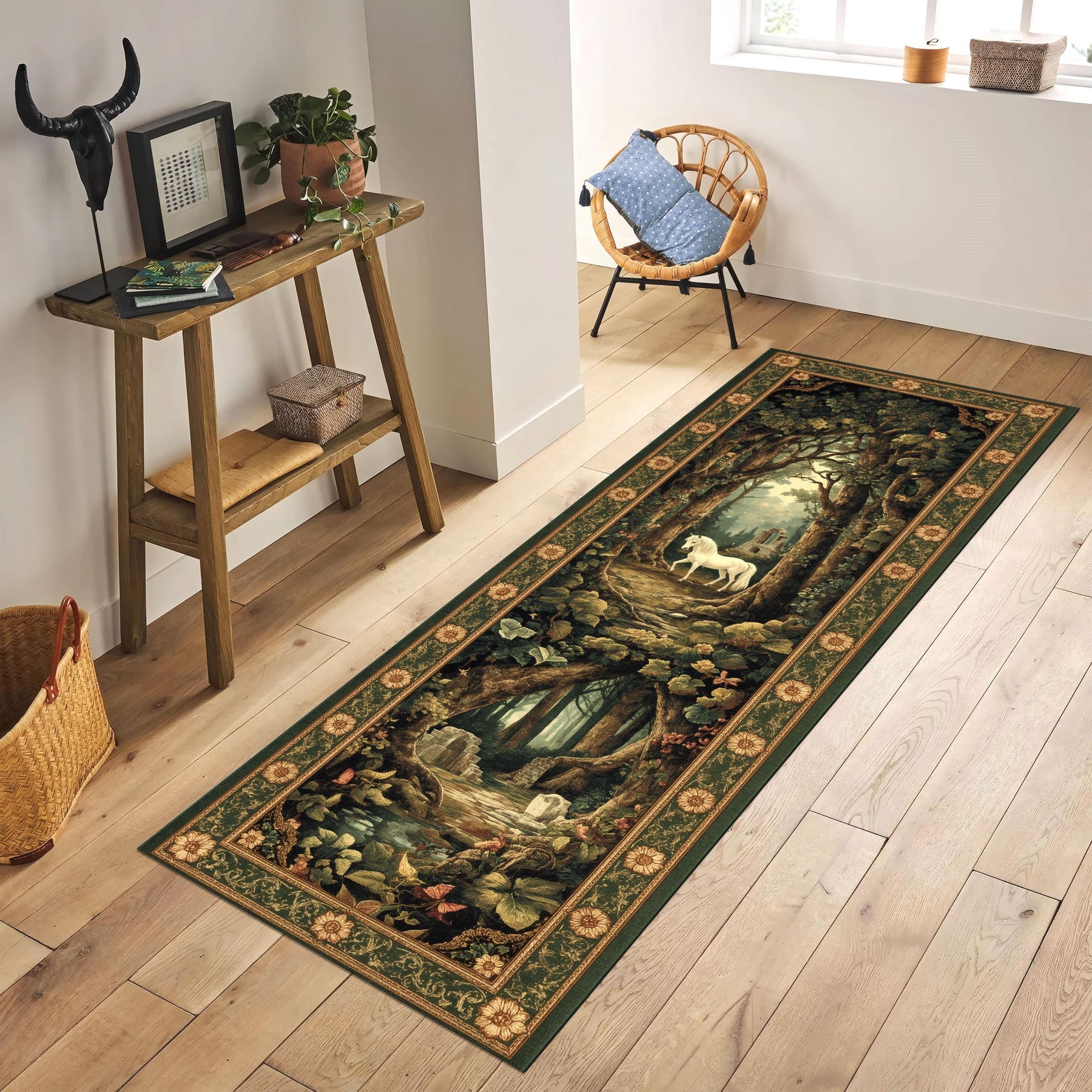 Unicorn Forest Runner Rug, Fantasy Tapestry Rug, Mystical Woodland Decor, Medieval Style Hallway Rug, Enchanted Unicorn Carpet, Washable Rug