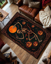 Dancing Skeleton Halloween Rug, Spooky Pumpkin Carpet with Full Moon and Bats, Vintage Halloween Decor for Living Room or Entryway