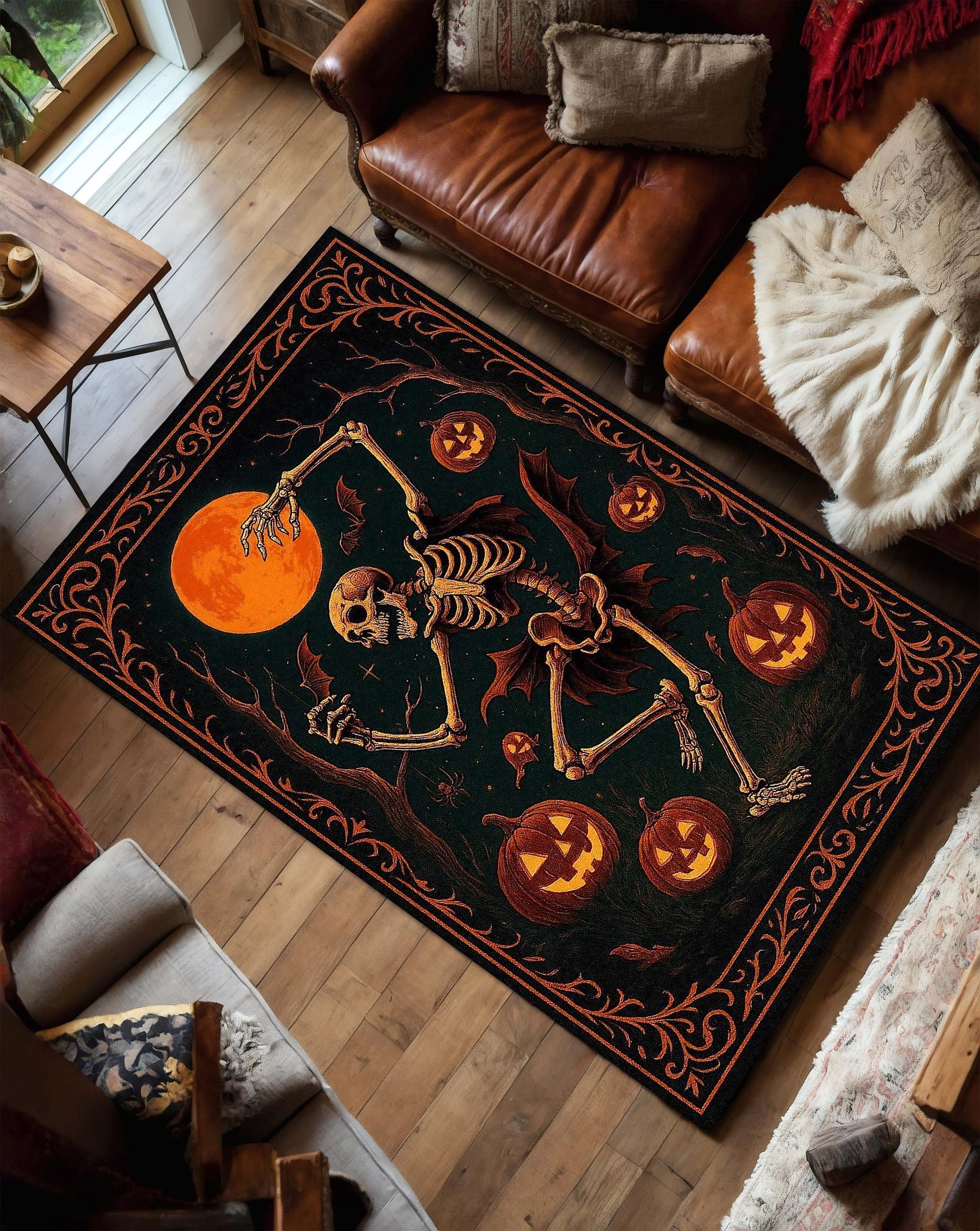 Dancing Skeleton Halloween Rug, Spooky Pumpkin Carpet with Full Moon and Bats, Vintage Halloween Decor for Living Room or Entryway