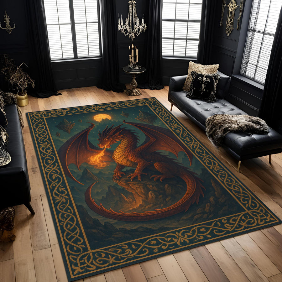Fire Dragon Fantasy Rug, Medieval Dragon Carpet, Gothic Mythical Creature Rug, Washable DnD Area Rug for Gamer or RPG Room Decor