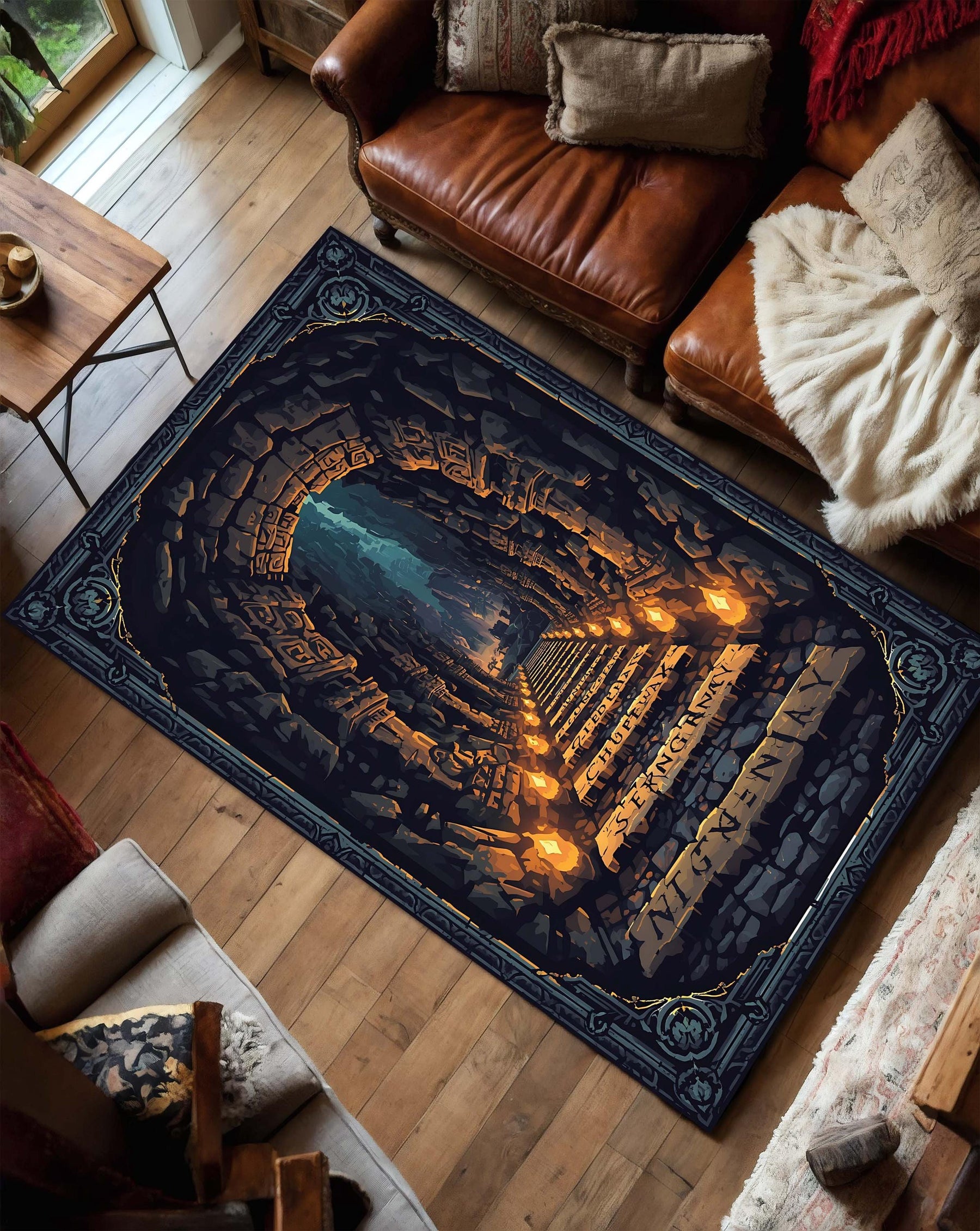 Dwarf Mine 3D Illusion Rug, Fantasy Dungeon Cave Carpet for Living Room or Gamer Decor, Cozy Medieval Hallway Mat, Geeky Home Gift Idea