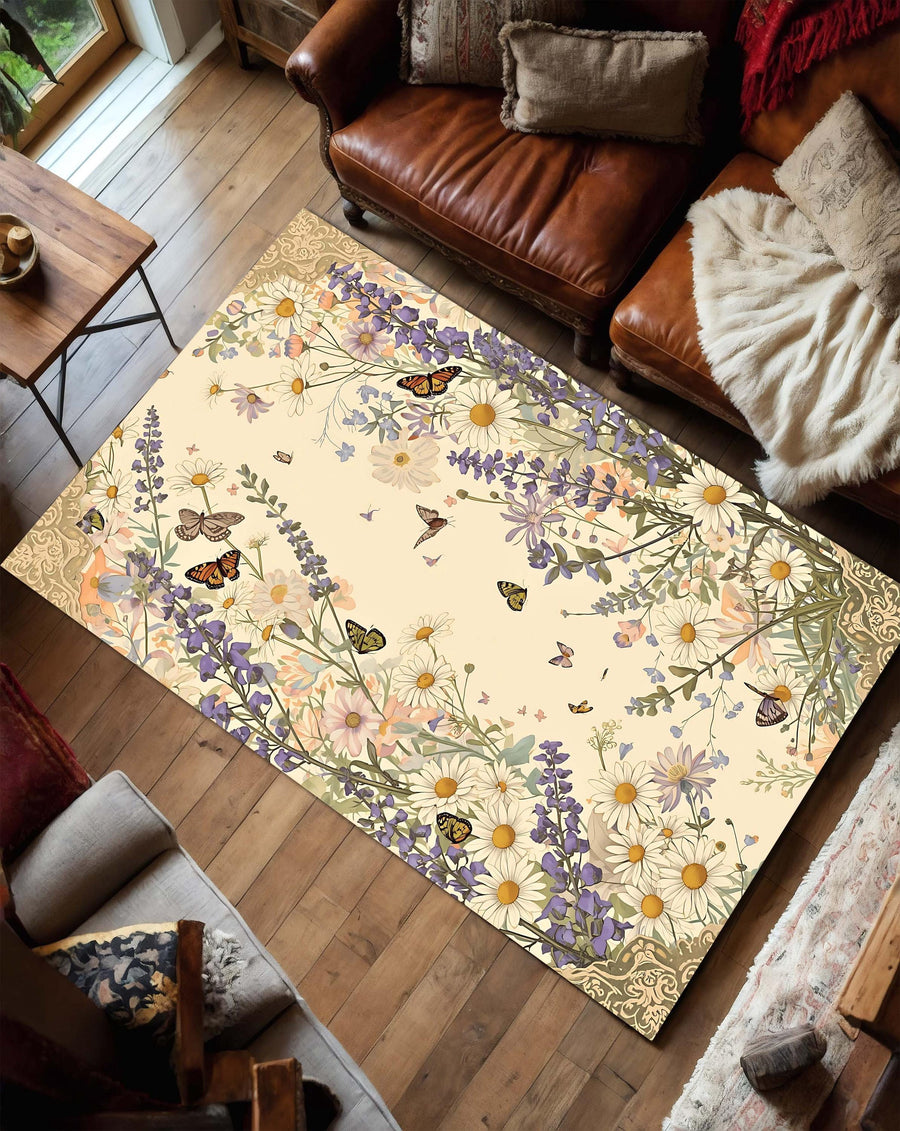 Cottagecore Wildflower Meadow Rug with Butterflies, Vintage Botanical Floral Area Carpet in Pastel Cream for Living Room and Bedroom Decor