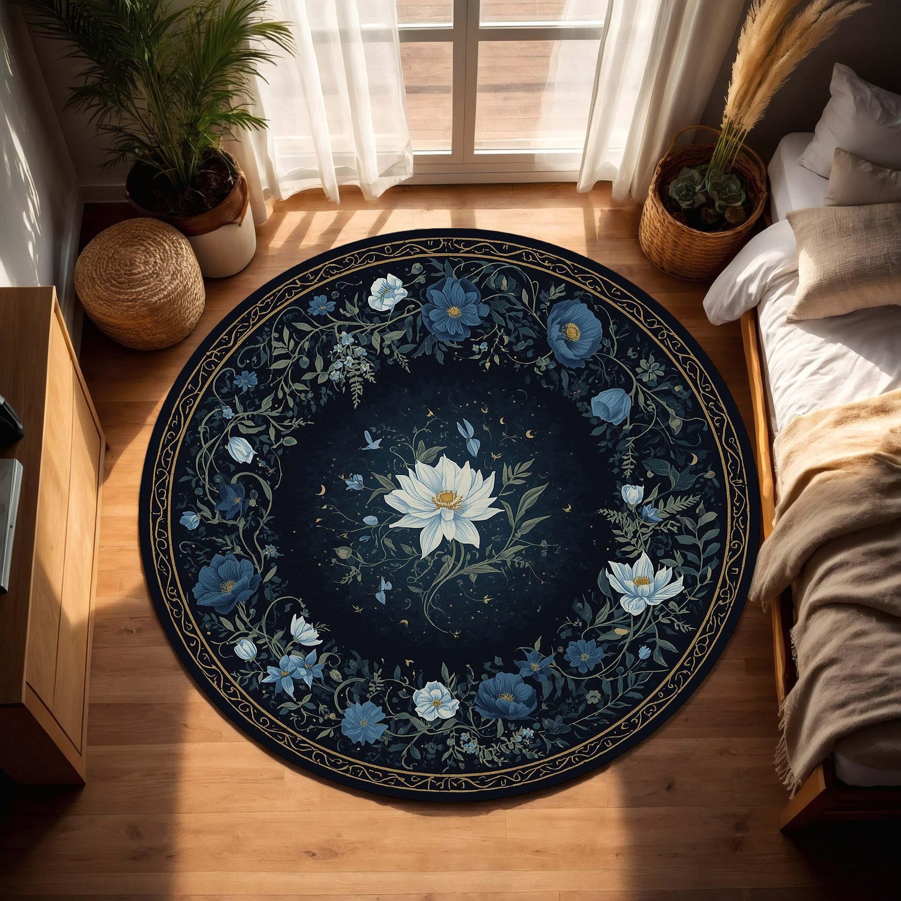 Dark Floral Round Area Rug With Moonlit Botanical Pattern, Vintage Navy Blue Flower Carpet For Living Room Decor, Boho Mystical Floor Mat